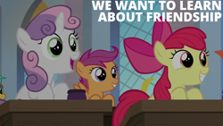 Size: 2000x1125 | Tagged: safe, edit, edited screencap, editor:quoterific, screencap, apple bloom, scootaloo, sweetie belle, earth pony, pegasus, pony, unicorn, g4, marks for effort, cutie mark crusaders