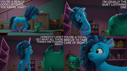 Size: 2000x1125 | Tagged: safe, edit, edited screencap, editor:quoterific, screencap, misty brightdawn, sparky sparkeroni, dragon, pony, unicorn, g5, have you seen this dragon?, my little pony: make your mark, my little pony: make your mark chapter 2, spoiler:my little pony: make your mark, spoiler:my little pony: make your mark chapter 2, spoiler:mymc02e08, baby, baby dragon, duo, duo male and female, female, freckles, frown, grin, growling, male, mare, open mouth, sitting, smiling, standing, tempting fate, this will not end well