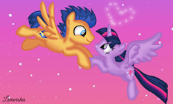 Size: 1200x720 | Tagged: safe, artist:mlplary6, flash sentry, twilight sparkle, alicorn, pegasus, pony, g4, boyfriend and girlfriend, female, flying, heart, holding hooves, looking at each other, looking at someone, male, mare, night, romantic, ship:flashlight, shipping, sky, smiling, smiling at each other, stallion, stars, straight, twilight sparkle (alicorn)
