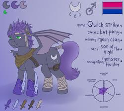 Size: 2000x1800 | Tagged: safe, artist:valdemar, oc, oc only, oc:quick strike, bat pony, pony, bat pony oc, bisexual pride flag, cutie mark, male, ponytail, pride, pride flag, reference, reference sheet, simple background, solo, stallion, tail, weapon