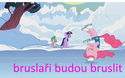 Size: 1600x1000 | Tagged: safe, edit, edited screencap, screencap, pinkie pie, spike, twilight sparkle, dragon, earth pony, pony, unicorn, g4, season 1, winter wrap up, confused, czech, eyes closed, female, frown, haters gonna hate, ice skating, male, mare, meme, skaters gonna skate, standing, trio, unicorn twilight