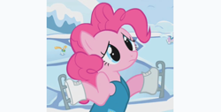 Size: 1881x953 | Tagged: safe, screencap, pinkie pie, earth pony, pony, season 1, winter wrap up, background pony, female, frown, ice skating, mare, shrug, solo focus