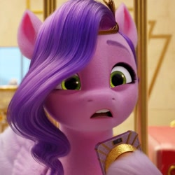 Size: 912x912 | Tagged: safe, screencap, pipp petals, pegasus, pony, g5, my little pony: a new generation, spoiler:my little pony: a new generation, 3d, cellphone, cropped, female, mare, open mouth, phone, reaction image, shocked, shocked expression, smartphone, solo, surprised