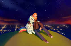 Size: 3230x2100 | Tagged: safe, artist:kumakum, rainbow dash, human, pegasus, pony, g4, arm on shoulder, beard, chest fluff, facial hair, female, high res, hill, hug, male, mare, night, sitting, stars, sunglasses, sunset, wholesome, winghug, wings