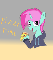 Size: 1600x1800 | Tagged: safe, artist:amateur-draw, oc, oc only, oc:belle boue, pony, unicorn, clothes, fast food, food, gradient background, hoodie, horn, looking at you, male, pizza, solo, stallion, text, unicorn oc