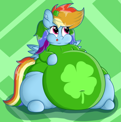 Size: 1059x1063 | Tagged: safe, artist:dullpoint, rainbow dash, pegasus, pony, g4, belly, big belly, chubby cheeks, clothes, fat, female, holiday, huge belly, mare, obese, rainblob dash, saint patrick's day, solo, tongue out, tubby wubby pony waifu