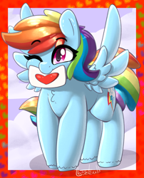 Size: 908x1122 | Tagged: safe, artist:llametsul, rainbow dash, pegasus, pony, g4, colored, cute, dashabetes, eyebrows, eyebrows visible through hair, female, mare, mouth hold, one eye closed, simple background, solo, spread wings, wings