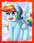 Size: 908x1122 | Tagged: safe, artist:llametsul, rainbow dash, pegasus, pony, colored, cute, dashabetes, eyebrows, eyebrows visible through hair, female, mare, mouth hold, one eye closed, simple background, solo, spread wings, wings