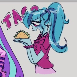 Size: 556x556 | Tagged: safe, artist:dulcesilly, aria blaze, sonata dusk, human, equestria girls, g4, cute, food, happy, open mouth, open smile, sketch, smiling, solo focus, sonatabetes, sonataco, taco, that girl sure loves tacos, that siren sure does love tacos