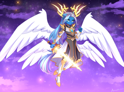 Size: 2474x1839 | Tagged: safe, artist:airiniblock, oc, oc only, oc:vivid tone, pegasus, anthro, anthro oc, clothes, dress, pegasus oc, solo, stars, sword, tail, weapon, wings