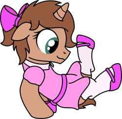 Size: 2655x2580 | Tagged: safe, artist:peternators, oc, oc only, oc:heroic armour, pony, unicorn, g4, bow, clothes, colt, crossdressing, dress, fake eyelashes, floppy ears, foal, hair bow, high res, horn, male, mary janes, ponytail, shoes, simple background, smiling, socks, solo, thigh highs, transparent background, unicorn oc