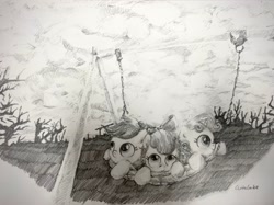 Size: 3482x2611 | Tagged: safe, artist:widelake, apple bloom, scootaloo, sweetie belle, earth pony, pegasus, pony, unicorn, g4, cloud, cloudy, cutie mark crusaders, female, filly, foal, high res, pencil drawing, sunset, swing, traditional art, tree, trio
