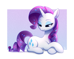 Size: 1173x922 | Tagged: safe, artist:luminousdazzle, rarity, pony, unicorn, g4, eyeshadow, female, looking down, lying down, makeup, mare, prone, simple background, smiling, solo