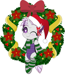 Size: 4320x5000 | Tagged: safe, artist:jhayarr23, oc, oc only, oc:elytra, changedling, changeling, changedling oc, changeling oc, christmas, christmas changeling, christmas wreath, clothes, hat, holiday, purple changeling, santa hat, scarf, simple background, socks, solo, striped scarf, striped socks, transparent background, wreath