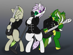 Size: 1422x1080 | Tagged: safe, artist:copycat, artist:silent-e, oc, oc only, oc:copycat, oc:draklerahl, oc:elytra, changedling, changeling, pony, unicorn, changedling oc, changeling oc, electric guitar, gradient background, guitar, horn, microphone, microphone stand, music, musical instrument, my chemical romance, unicorn oc