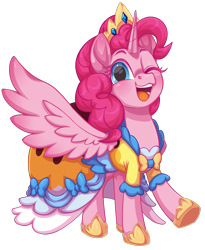 Size: 1632x1986 | Tagged: safe, artist:moonseeker, pinkie pie, alicorn, pony, g4, alicornified, clothes, crown, dress, horn, jewelry, one eye closed, open mouth, open smile, pinkiecorn, princess pinkie pie, race swap, regalia, simple background, smiling, solo, transparent background, wings, wink, xk-class end-of-the-world scenario