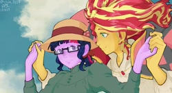 Size: 1280x692 | Tagged: safe, artist:cola_3107, sci-twi, sunset shimmer, twilight sparkle, human, equestria girls, g4, anime, crossover, duo, female, howl's moving castle, lesbian, ship:sci-twishimmer, ship:sunsetsparkle, shipping, studio ghibli