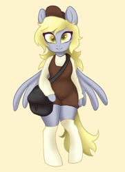 Size: 1429x1971 | Tagged: safe, artist:twilightsparkee, derpy hooves, pegasus, pony, semi-anthro, g4, arm hooves, clothes, female, mailmare, simple background, solo, stockings, thigh highs, yellow background