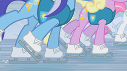 Size: 1280x720 | Tagged: safe, screencap, minuette, spring forward, earth pony, pony, unicorn, g4, winter wrap up, duo focus, female, ice skating, mare, offscreen character