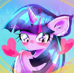 Size: 1957x1938 | Tagged: safe, artist:うめおにぎり, twilight sparkle, pony, unicorn, g4, blushing, ear fluff, female, heart, solo