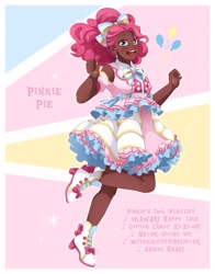 Size: 1606x2048 | Tagged: safe, artist:applesartt, pinkie pie, human, g4, bow, clothes, dark skin, female, hair bow, humanized, looking at you, one leg raised, open mouth, shoes, solo, text