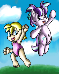 Size: 2400x3000 | Tagged: safe, artist:saburodaimando, starlight glimmer, oc, oc:wanda young, human, pony, unicorn, g4, belly button, duo, female, filly, filly starlight glimmer, high res, human oc, humanized, leaping, midair, starlight glimmer day, younger