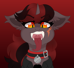 Size: 5944x5500 | Tagged: safe, artist:crazysketch101, oc, oc only, oc:lil darkie, alicorn, bat pony, bat pony alicorn, pony, bust, collar, fangs, forked tongue, gradient background, horn, mawshot, open mouth, solo, teeth, tongue out, uvula