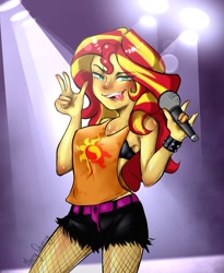 Size: 900x1097 | Tagged: safe, artist:marrycherrydraw, sunset shimmer, human, equestria girls, g4, clothes, female, fishnet stockings, microphone, shorts, solo, tongue out