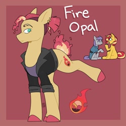 Size: 2000x2000 | Tagged: safe, artist:orionofthestars, maud pie, sunset shimmer, oc, oc:fire opal, earth pony, pony, unicorn, g4, aqua eyes, blue eyes, boulder, clothes, colored, crack shipping, duo, ear piercing, earring, earth pony oc, eyeshadow, female, high res, jacket, jewelry, lesbian, looking at each other, looking at someone, looking at you, magical lesbian spawn, makeup, mare, maudset, maudshimmer, offspring, parent:maud pie, parent:sunset shimmer, parents:maudset, parents:maudshimmer, piercing, ponytail, raised hoof, red background, shipping, shirt, simple background, sitting, trio