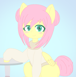 Size: 1439x1463 | Tagged: artist needed, source needed, safe, fluttershy, pegasus, pony, g4, alternate hairstyle, blushing, bottomless, clothes, dock, folded wings, gradient background, hair bun, ibispaint x, missing cutie mark, partial nudity, smiling, solo, sweater, sweatershy, table, tail, tail bun, wings