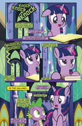 Size: 1920x2948 | Tagged: safe, artist:alexdti, spike, twilight sparkle, alicorn, dragon, pony, comic:quest for friendship retold, g4, book, comic, dialogue, eye contact, female, folded wings, frown, glowing, glowing horn, high res, horn, lidded eyes, looking at each other, looking at someone, magic, male, mare, onomatopoeia, open mouth, speech bubble, telekinesis, twilight sparkle (alicorn), twilight's castle, winged spike, wings