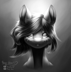 Size: 2015x2044 | Tagged: safe, artist:prettyshinegp, oc, oc only, earth pony, pony, bust, earth pony oc, female, gradient background, grayscale, high res, mare, monochrome, signature, smiling, solo