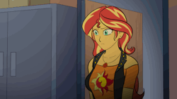 Size: 560x315 | Tagged: safe, artist:symptom99, sunset shimmer, human, equestria girls, equestria girls series, g4, animated, breasts, busty sunset shimmer, cellphone, clothes, commission, cutie mark on clothes, female, geode of empathy, gif, jewelry, magical geodes, necklace, phone, smartphone, solo, youtube