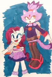 Size: 1694x2486 | Tagged: safe, artist:cloudypandauwu, rarity, mobian, unicorn, anthro, g4, abstract background, blaze the cat, clothes, duo, eyelashes, female, jetpack, makeup, skirt, smiling, sonic the hedgehog (series), sonicified