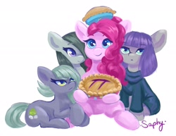 Size: 2048x1584 | Tagged: safe, artist:saphypone, limestone pie, marble pie, maud pie, pinkie pie, earth pony, pony, g4, female, food, mare, pi, pi day, pie, pie sisters, siblings, simple background, sisters, white background