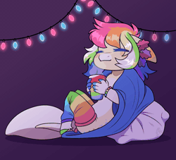 Size: 1100x1000 | Tagged: safe, artist:purplegrim40, oc, oc only, earth pony, anthro, unguligrade anthro, animated, blanket, bracelet, christmas, christmas lights, clothes, commission, ear flick, earth pony oc, eyes closed, floppy ears, gif, holiday, horn, jewelry, leg warmers, mug, multicolored hair, pillow, purple background, rainbow hair, simple background, smiling, solo, string lights, ych result