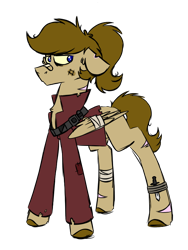 Size: 600x800 | Tagged: safe, artist:fuckomcfuck, oc, oc:doodles, pegasus, pony, alternate universe, bandage, belt, bruised, chest fluff, clothes, dagger, female, jacket, mare, scar, simple background, solo, the trotting dead, torn clothes, torn ear, transparent background, weapon