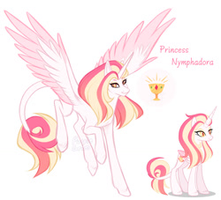 Size: 1024x931 | Tagged: safe, artist:purplegrim40, oc, oc only, oc:nymphadora, alicorn, hybrid, pony, alicorn oc, bio in description, duality, eyebrows, female, folded wings, horn, interspecies offspring, leonine tail, looking at you, mare, offspring, parent:princess celestia, parent:scorpan, parents:scorlestia, signature, simple background, smiling, smiling at you, solo, spread wings, tail, watermark, white background, wings