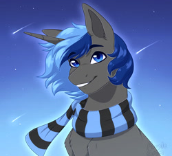 Size: 1024x931 | Tagged: safe, artist:purplegrim40, oc, oc only, oc:orion, pony, unicorn, bust, clothes, horn, male, night, scarf, shooting star, solo, stallion, striped scarf, unicorn oc