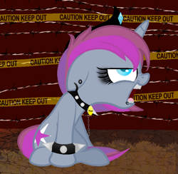 Size: 722x704 | Tagged: safe, artist:harmonicdreemur1308, oc, oc only, oc:metal shine, pony, unicorn, choker, eyelashes, female, filly, foal, horn, jewelry, police tape, solo, spiked choker, spiked wristband, tiara, unicorn oc, wristband