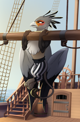 Size: 1980x3024 | Tagged: safe, artist:28gooddays, oc, oc only, oc:tsavo, griffon, clothes, commission, female, griffon oc, ocean, pants, pullup, ship, solo, sweat, water