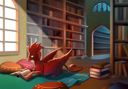 Size: 2868x2000 | Tagged: safe, artist:28gooddays, oc, oc only, classical hippogriff, hippogriff, book, bookshelf, commission, crepuscular rays, dust motes, high res, hippogriff oc, indoors, jewelry, library, lying down, necklace, prone, reading, solo