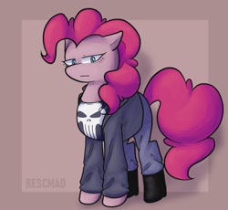 Size: 2500x2300 | Tagged: safe, artist:rescmad_, pinkie pie, earth pony, pony, g4, clothes, female, high res, mare, marvel, punisher, solo, the punisher