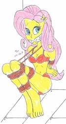 Size: 859x1600 | Tagged: safe, artist:godzilla713, fluttershy, human, equestria girls, g4, ass, bondage, breasts, butt, cleave gag, cloth gag, clothes, female, gag, kidnapped, pole tied, simple background, solo, tied up, traditional art, underwear, white background