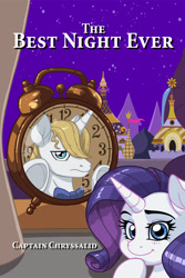 Size: 1000x1500 | Tagged: safe, artist:latecustomer, prince blueblood, rarity, pony, fanfic:the best night ever, g4, canterlot, clock, fanfic, fanfic art, fanfic cover, female, groundhog day, male, ship:rariblood, shipping, straight