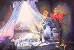 Size: 3447x2343 | Tagged: safe, artist:alumx, philomena, princess celestia, alicorn, bird, phoenix, pony, g4, bed, curtains, duo, eyes closed, female, glowing, glowing horn, hand, high res, horn, lying down, magic, magic hands, mare, morning, morning ponies, music notes, open mouth, prone, sheet, singing, teary eyes, yawn