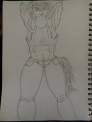 Size: 3024x4032 | Tagged: safe, artist:darkini von blessy, oc, anthro, anthro oc, belly button, breasts, clothes, cool, denim, drawing, female, happy, jacket, jeans, leather, leather jacket, messy mane, messy tail, monochrome, pants, pencil drawing, pose, sketch, sketchbook, smiling, solo, tail, traditional art