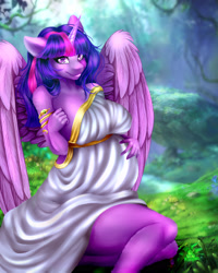 Size: 2362x2952 | Tagged: safe, artist:littlebird, twilight sparkle, alicorn, anthro, g4, armlet, breasts, female, forest, goddess, high res, horn, jewelry, looking at you, preglight sparkle, pregnant, smiling, smiling at you, solo, twilight sparkle (alicorn), wings