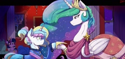 Size: 2163x1027 | Tagged: safe, alternate version, artist:thelunarmoon, princess celestia, twilight sparkle, oc, oc:lunar moon, alicorn, pony, unicorn, g4, the last problem, chandelier, clothes, colored, coronation dress, crown, dancing, dress, duo focus, female, gala dress, glasses, grin, jewelry, male, mare, mother and child, mother and son, offspring, parent:princess celestia, regalia, second coronation dress, sketch, smiling, sparkly mane, stallion, sternocleidomastoid, traditional art, window