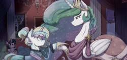 Size: 2163x1027 | Tagged: safe, alternate version, artist:thelunarmoon, princess celestia, twilight sparkle, oc, oc:lunar moon, alicorn, pony, unicorn, g4, the last problem, chandelier, clothes, colored, coronation dress, crown, dancing, dress, duo focus, female, gala dress, glasses, grin, hoofbump, jewelry, looking at each other, looking at someone, male, mare, mother and child, mother and son, offspring, parent:princess celestia, regalia, second coronation dress, sketch, smiling, sparkly mane, stallion, sternocleidomastoid, traditional art, twilight sparkle (alicorn), window